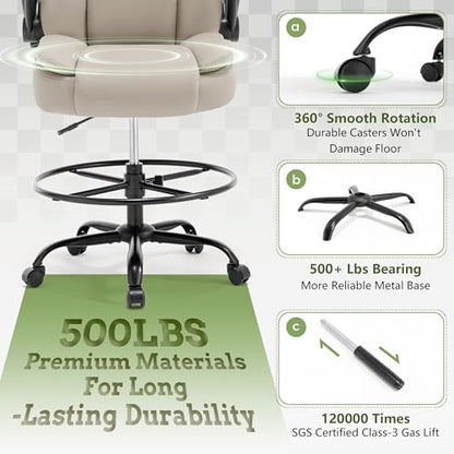 500LBS Drafting Chair, High Back Safer Standing Desk Chair, Executive Tall Office Chair with Flip-up Armrests, Upholstered PU Leather Task Chair, Ergonomic Seat with Adjustable Height&Foot Ring,Beige - color: Beige