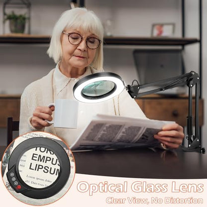 Real Glass Magnifying Glass with Light and Stand, LED 5 Color Modes, Stepless Dimmable Magnifying Floor Lamp, 3-in-1 Adjustable Swing Arm Lighted Magnifier Lamp with Clamp for Reading, Craft - Black - color: Black