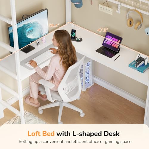 DICTAC Twin Loft Bed with L Shaped Desk,Storage Bookshelf & Drawers, White | Metal Loft Bed Features Charging Station, Smart RGB LED Lights and 6 Fabric Storage Drawers & Shelves, Safety Guardrail - color: White