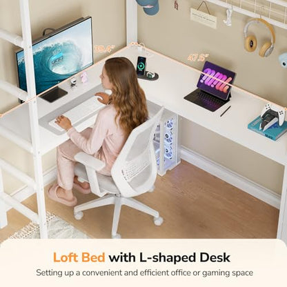 DICTAC Twin Loft Bed with L Shaped Desk,Storage Bookshelf & Drawers, White | Metal Loft Bed Features Charging Station, Smart RGB LED Lights and 6 Fabric Storage Drawers & Shelves, Safety Guardrail - color: White