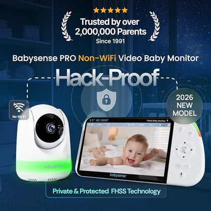 Babysense PRO Non-WiFi Full HD 5.5" Split Screen Baby Monitor with Camera and Audio, 6-Color Night Light, White Noise, Sound & Light Machine, 20-Hour Battery, Hack-Proof Secure Connection - size: 5.5 Inch 1 CAM