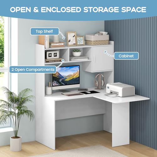 Tangkula L-Shaped Desk with Storage Hutch, Corner Computer Desk with Shelves & Cabinet, Modern Writing Study Table for Home Office, Laptop PC Workstation, White