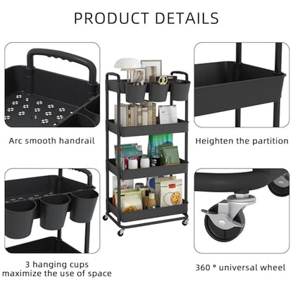 4-Tier Plastic Rolling Storage Cart Utility Cart with Extra Hanging Cups Handles Lockable Wheels for Living Room Bathroom Kitchen Office Black | Utility Cart with Extra Hanging Cups Arc-Shaped Handles Lockable Wheels for Living Room Bathroom Kitchen Offic