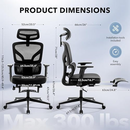 Ergonomic Office Chair Mesh – Adjustable Lumbar 3D Armrests High-Back Desk - color: Black-pf1