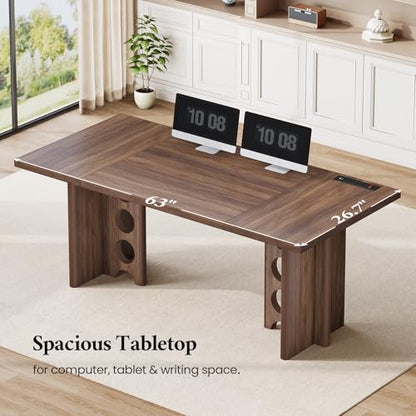 63 Inch Executive Office Desk, Large Computer Office Desks with Power Outlet, Modern Laptop Desk Writing Table Workstation Business Furniture for Home Office, Brown - size: 63 Inch Long
