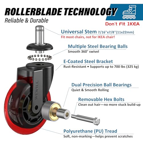 WEWILL Office Chair Wheels - Rubber Casters Replacement Universal Fit 98% Chair(Set of 5) Heavy Duty 3 Inch Smoothly & Quietly Safe for All Floor, Hardwood, Tile, Carpet, Noise Free - Red - color: Red