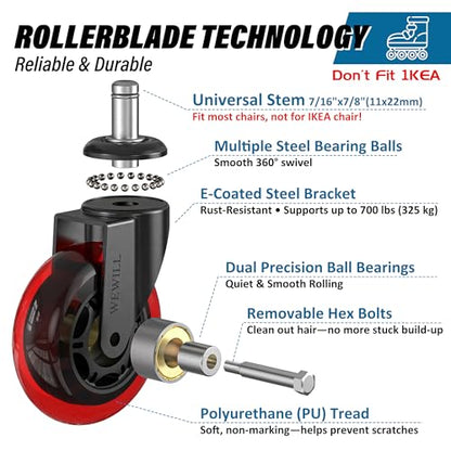WEWILL Office Chair Wheels - Rubber Casters Replacement Universal Fit 98% Chair(Set of 5) Heavy Duty 3 Inch Smoothly & Quietly Safe for All Floor, Hardwood, Tile, Carpet, Noise Free - Red - color: Red
