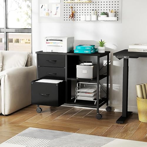 Healsmart Heavy Duty Mobile File Cabinet with 3 Fabric Drawers, Rolling Printer Stand with Back Support & Open Shelf, Multifunctional Storage Organizer for Home Office, Black - color: Black, style: Modern