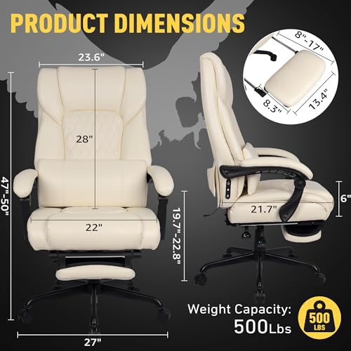 3D Kneading Massage Office Chair with Heat, 500 lbs Big and Tall Executive Computer Desk Recliner, Leather Electric Heated Office Chairs with Massage & Footrest - color: Beige