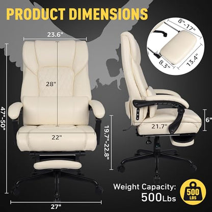 3D Kneading Massage Office Chair with Heat, 500 lbs Big and Tall Executive Computer Desk Recliner, Leather Electric Heated Office Chairs with Massage & Footrest - color: Beige