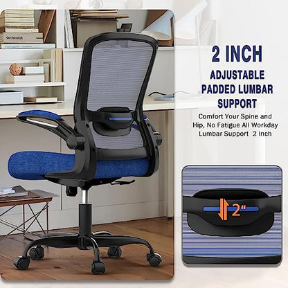 Ergonomic Office Chair w/Adjustable Lumbar, Flip Armrest, 135° Recline - color: Royal Blue