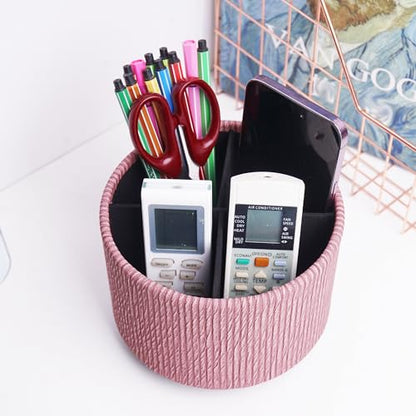 Round Leather Art Supply Organizer,Remote Control Holder,360 Degree Spinning,Multi-Functional Pencil Holder,4 Compartments Desktop Stationary Organizer(1-Wood Pink) - color: 1-Wood Pink