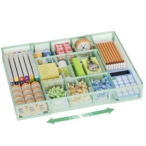 Marbrasse Expandable Desk Drawer Organizer, Mesh Drawer Organizer Tray with 10 Adjustable Compartments, Desk Organizers and Accessories for Office Supplies, Makeup & Vanity (Expandable-Green) - color: Expandable-Green