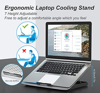 ICE COOREL Aluminum Laptop Cooling Pad, Laptop Cooler Stand with 7 Height Adjustable, Laptop Fan Cooling Pad for Laptop 12-15.6 Inch, Notebook Cooler Pad with Two USB Port (Silver)