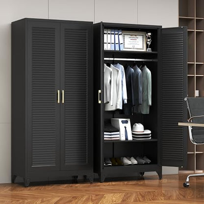 Steeloong 71"Armoire Wardrobe Close,Black Wardrobe Cabinet with Hanging Rod | Metal Closet Cabinet with Doors and Adjustable Shelves,Freestanding Clothing Storage Cabinets for Bedroom Office,Gym,Hospital - color: Black, style: 71"H Wardrobe