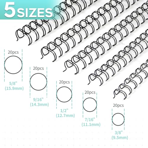 Rayson Wire Binding Spines, 2:1 Pitch, 21-Loop Black, Mixed Sizes, 100 Pack | Includes 3/8", 7/16", 1/2", 9/16" and 5/8" sizes; black 2:1 pitch wires for compatible wire binders. - size: Multi-Size 3/8", 7/16", 1/2", 9/16", 5/8"
