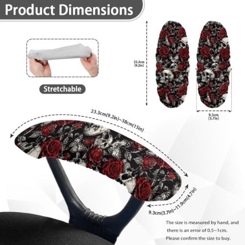 Skull Rose Butterfly Printed Office Desk Chair Arm Covers Protectors, Soft Stretch Computer Gaming Chair Armrest Covers with Elastic Edge, Universal Fits, Set of 2 - color: Black and Red - Skull Rose Butterfly