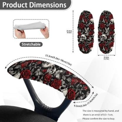 Skull Rose Butterfly Printed Office Desk Chair Arm Covers Protectors, Soft Stretch Computer Gaming Chair Armrest Covers with Elastic Edge, Universal Fits, Set of 2 - color: Black and Red - Skull Rose Butterfly