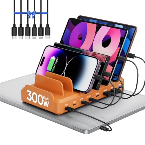 300W Charging Station for Multiple Devices, 8 Port Multi USB C Fast Charger Station Dock for MacBook iPhone 16/15/14/13/12 Samsung Pixel Series iPad, Orange (6 Mixed Short Cables Included) - color: Orange