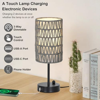 Gray Bedside Lamps Set of 2, Touch Control Night Stand Lamp for Bedroom with Rattan & Linen Shade & Bulbs, 3 Way Dimmable Small Boho Table Lamps with USB Charging Port & Phone Stand - color: Gray-2pack