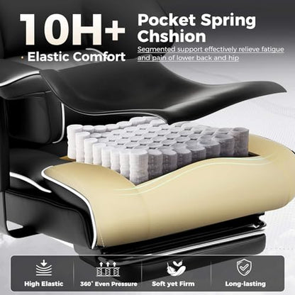 GTPLAYER Big and Tall Gaming Chair 400lbs Heavy Duty Office Chair with Foot Rest & Ergonomic Pocket Spring Cushion, High Back Lumbar Support for Lower Back Pain Relief, White/Black - color: White-black