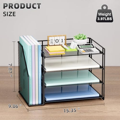 Marbrasse 4-Tier Paper Tray Organizer with File Holder, Black | Sturdy Paper Tray, Built-in File Holder, fits Letters/Docs, Saves Desk Space, for School/Office/Home - color: Black