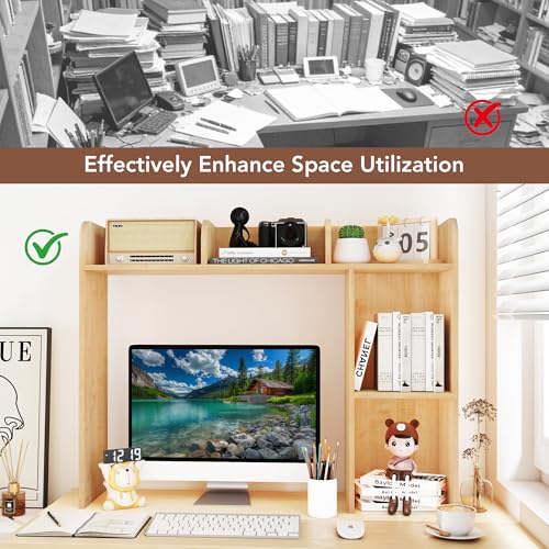 WAYTRIM Desk Shelf, Desk Hutch 3-Tier Desktop Bookshelf & Desk Organizer Shelf for Top of Desk, Wood Desktop Storage Shelf for Dorm, Office, Small Space, Desk Organizers and Accessories - style: 3-Tire