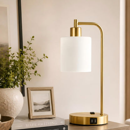 Set of 2 Industrial Touch Control Table Lamps with 2 USB Ports and AC Outlet - 3-Way Dimmable Gold Bedside Lamps Nightstand Desk Lamps for Bedroom Living Room, Opal Glass Shade & 2 LED Bulbs Included - color: Gold(2 pack)-Opal Glass-Touch Control