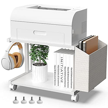 VEDECASA 2 Tier Modern White Wooden Under Desk Printer Stand with Storage Bag for Home Office Desktop Printer Table Organizer Mobile Printer Shelf Cart with Caster Wheel (White) - color: White
