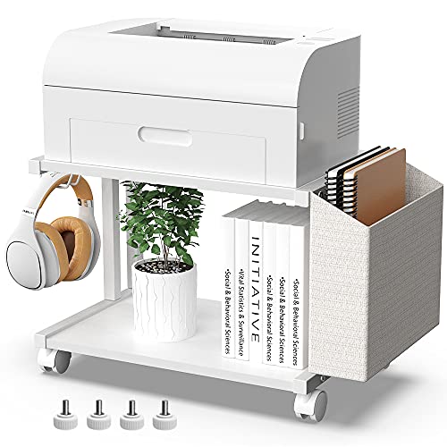 VEDECASA 2 Tier Modern White Wooden Under Desk Printer Stand with Storage Bag for Home Office Desktop Printer Table Organizer Mobile Printer Shelf Cart with Caster Wheel (White) - color: White