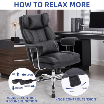Big and Tall Office Chair with Footrest,400 lbs Heavy Duty Executive Chair | PU Leather High Back Wide Desk Chair,135° Reclining,Pocket Spring Back Support and Matching Lumbar Pillow - color: Black