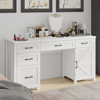Vabches Farmhouse 61'' Rustic Office Desk with 5 Drawers(Cream White) - color: Cream White, size: 61"W