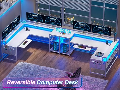 SEDETA L Shaped Gaming Desk, Reversible Computer Desk, Gaming Desk with Power Outlets & LED Strip, Monitor Shelf, Keyboard Tray, Pegboard and Storage Shelves for Home Office, White - color: White