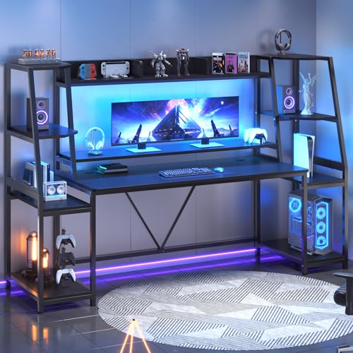 SEDETA 79'' Gaming Desk with LED Lights, Hutch and Storage Shelves, Black - color: Black, size: 78.8 inches