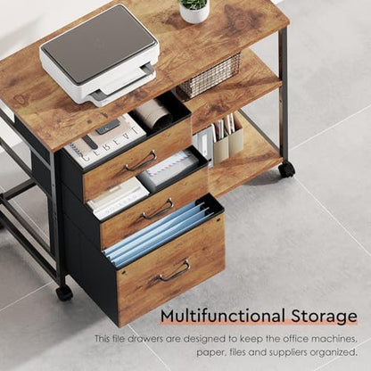 Maihail 3 Drawer File Cabinet with Wheels with Open Storage Shelf - color: Rustic Brown Top+brown Drawer