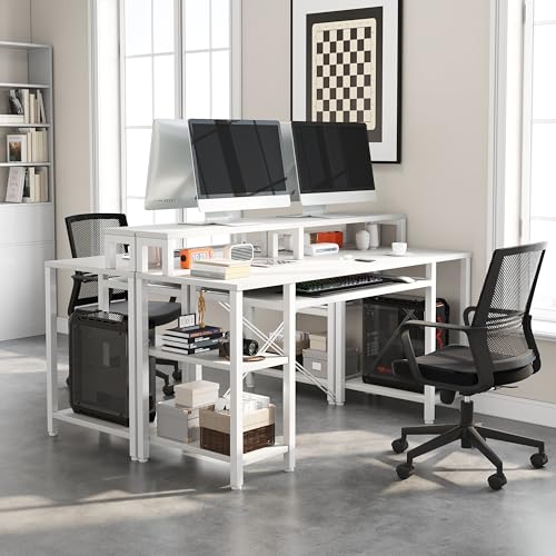 VERMESS 48 Inch Computer Desk, Home Office White With Keyboard Tray, Gaming With Full Monitor Stand, Storage Shelves & CPU Stand, Modern Study Writing Table Studio Work With Shelf - color: Pure White