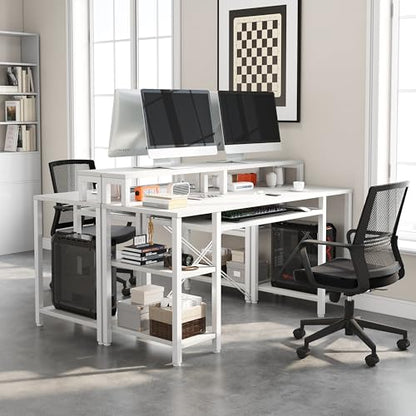 VERMESS 48 Inch Computer Desk, Home Office White With Keyboard Tray, Gaming With Full Monitor Stand, Storage Shelves & CPU Stand, Modern Study Writing Table Studio Work With Shelf - color: Pure White