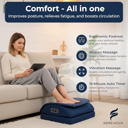 Serenova 2-in-1 Under Desk Foot Massager and Footrest, Cordless Rechargeable Shiatsu and Vibration Foot Rest for Office, Home Desk and Work from Home, Auto-Off Timer, Washable Cover