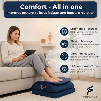 Serenova 2-in-1 Under Desk Foot Massager and Footrest, Cordless Rechargeable Shiatsu and Vibration Foot Rest for Office, Home Desk and Work from Home, Auto-Off Timer, Washable Cover