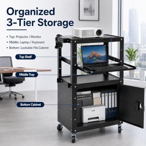 Height Adjustable Mobile AV Cart with Lockable Cabinet, Heavy Duty Rolling Presentation Workstation with Power Outlet & USB Ports, Pull-Out Laptop Tray for Office Classroom Home - size: 24x18x41.5in
