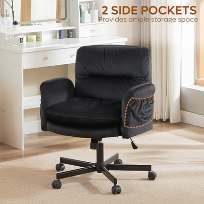 Bestier Criss Cross Chair with Flip-Up Arms, Black Velvet Office Chair | Swivel Makeup Vanity Chair with Wheels 2 Side Pockets, Cross Legged Office Chair for Home Office Bedroom Gaming - color: Black Velvet, size: Low Back