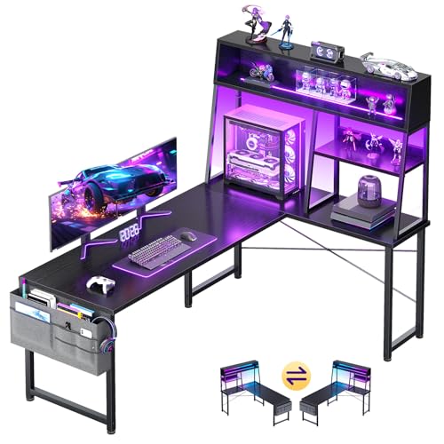 AODK 59 Inch L Shaped Gaming Desk with Display Shelves, LED Lights, Black - size: 59 Inch