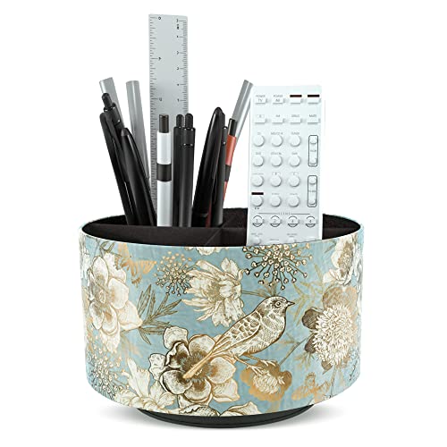 Round Leather Art Supply Organizer,Remote Control Holder,360 Degree Rotating,Multi-Functional Pencil Holder,4 Compartments Desktop Stationary Organizer(1-Blue Bird) - color: 1-Blue Bird