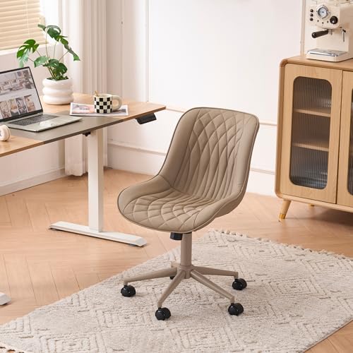 YOUNIKE Faux Leather Office Desk Chair Comfy Vanity Chair Armless Khaki | Ergonomic Upholstered Rocking Back, Swivel with Wheels, Height Adjustable, Modern Task Chair For Computer Sewing Drafting - color: All Khaki