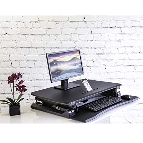 Seville Classics OFF65806 Airlift 36" Electric Height Adjustable Standing Desk Converter Workstation with 2.1A USB Charger Ergonomic Motorized Dual Monitor Riser Full Black - color: Electric Black