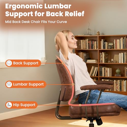 Leather Home Office Chair, Mid Back Ergonomic Desk Chair with Lumbar Support, Mid Century Modern Deep Seat Swivel Rocking Computer Chair, Dark Brown - color: Dark Brown,pu Leather, size: Big Mid Back