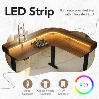 HUANUO LED Electric L Shaped Standing Desk with File Cabinet, Walnut | 63"x55" 2-Tier L-Desk,3-Drawer File Cabinet,RGB LED App Lighting,Built-in Power Outlets,27.6"-46.5" Adjustable Height - color: Walnut, size: with File Cabinet