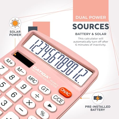 CATIGA 12 Digits Desktop Calculator with Large LCD Display and Sensitive Button, Dual Solar Power and Battery, Standard Function for Office, Home, School, CD-2786(Light Pink) - color: Light Pink