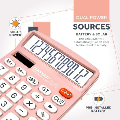 CATIGA 12 Digits Desktop Calculator with Large LCD Display and Sensitive Button, Dual Solar Power and Battery, Standard Function for Office, Home, School, CD-2786(Light Pink) - color: Light Pink