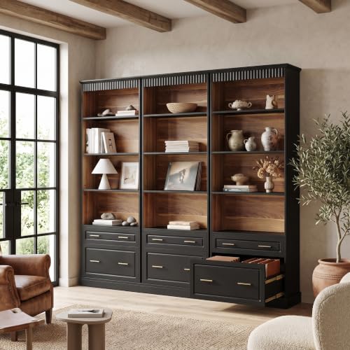 LITTLE TREE 72" Tall Black Bookcase, 5-Tier Office Bookself with File Cabinet Drawers,Modern Floor Standing Storage Filing Cabinet Book Shelf for Living Room,Bedroom(2 Piece,Black) - color: Black